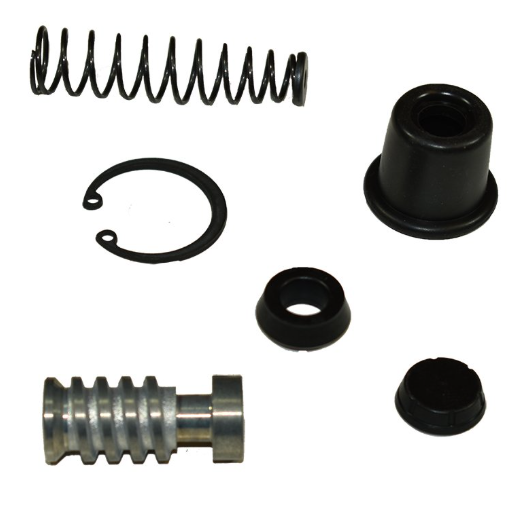 Rear brake master cylinder rebuild kit for Honda TRX/Yamaha YFM, six-piece set with spring, seals, and piston.