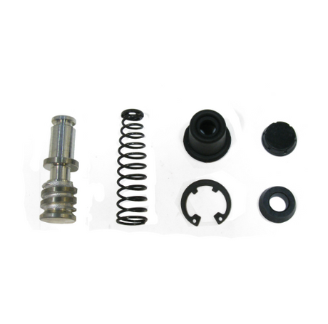 Front master cylinder rebuild kit components: metal piston, steel coil spring, black rubber seals and retaining rings.