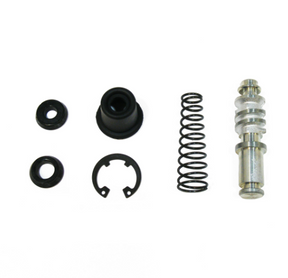 Front brake master cylinder rebuild kit components: seals, boot, spring, retaining clip, and plunger for ATV.