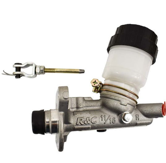 Rear brake master cylinder for Yamaha Rhino 450/660; silver body, white reservoir, black cap, with push rod.