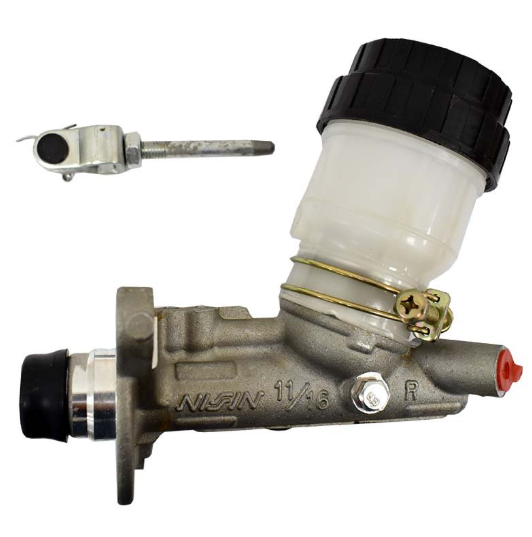 Rear master cylinder for Yamaha/Kawasaki motorcycles (2008–2015); metal body, translucent reservoir, black cap.