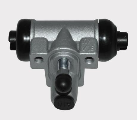 Brake cylinder for Kawasaki Mule 600/610/SX (2010–2018); silver aluminum body with black rubber ends.