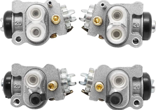 Brake Cylinder Set for Honda TRX350/TRX450 (1998–2004) by DGT Agri, 4 silver dual-piston cylinders with gold screws