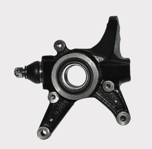 Steering knuckle for Honda TRX420; black metal with center bearing bore and mounting holes.
