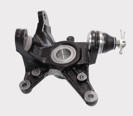 Steering knuckle for Honda TRX420/500/520 by DGT Agri; black metal with center bearing and ball joint