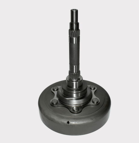 Clutch housing with shaft for Yamaha Grizzly 350, dark gray metal.