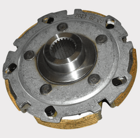 Clutch carrier for Yamaha 400/450 Grizzly/Kodiak; gray metal hub with splined center and brown friction plates