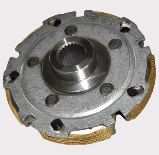 Clutch carrier for Yamaha 400/450 Grizzly/Kodiak; gray metal hub with splined center and brown friction plates