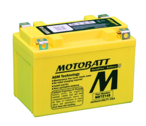 MBTZ14S Motobatt battery, yellow AGM technology battery with Motobatt branding.