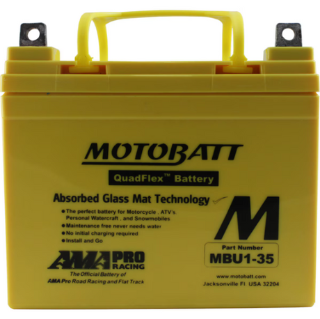 Motobatt MBU1-35 12V 37.1Ah battery with yellow case and carrying handle