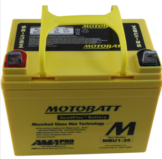 Motobatt MBU1-35 12V 37.1Ah battery with yellow case and carrying handle.