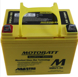 Motobatt MBU1-35 12V 37.1Ah battery with yellow case and carrying handle.