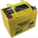 Motobatt MBU1-35 12V 37.1Ah battery in a yellow case with red/black terminals and carry handle