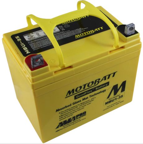 Motobatt MBU1-35 12V 37.1Ah battery in a yellow case with red/black terminals and carry handle