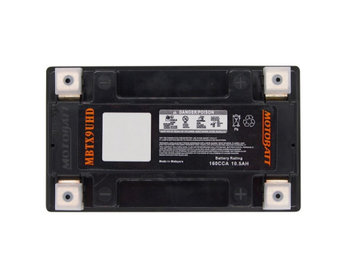 Motobatt MBTX9UHD battery, black case with orange branding and four terminal posts