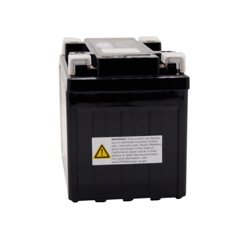 Motobatt MBTX9UHD battery, black rectangular battery with top terminals and warning label