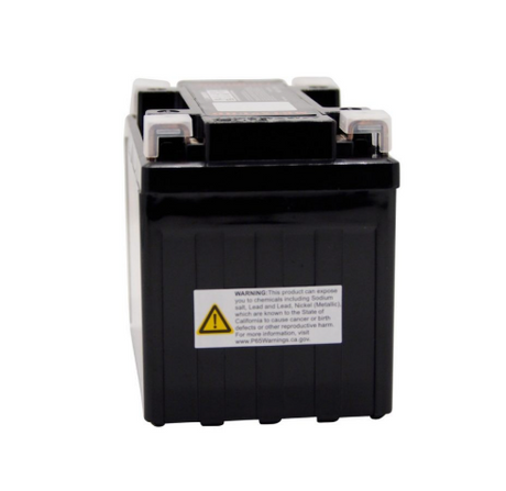 Motobatt MBTX9UHD battery, black rectangular battery with top terminals and warning label