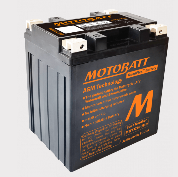 Motobatt MBTX30UHD battery; black rectangular battery with orange Motobatt logo.