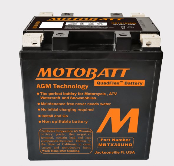 Motobatt MBTX30UHD battery, black AGM case with orange branding