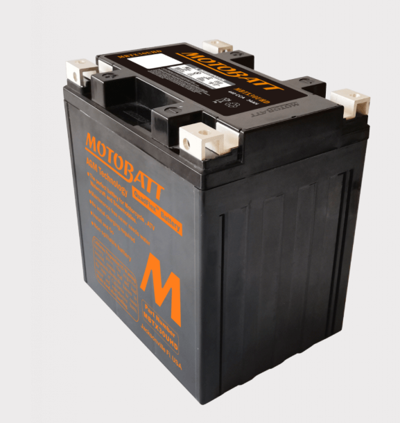 Motobatt MBTX30UHD battery, black plastic case with orange branding and top label.