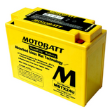 Motobatt MBTX24U yellow battery with black top label and bold Motobatt branding