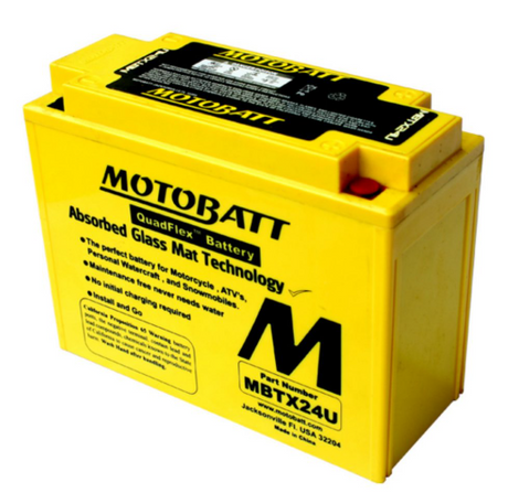 Motobatt MBTX24U yellow battery with black top label and bold Motobatt branding