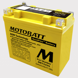 Motobatt MBTX24U yellow battery with large M logo and black label