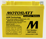 Motobatt MBTX24U battery, yellow case with AGM technology and QuadFlex branding.