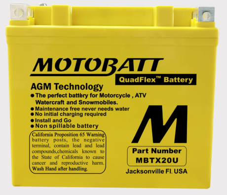 Motobatt MBTX24U battery, yellow case with AGM technology and QuadFlex branding.
