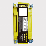 MBTX24U Motobatt battery with yellow case and black label; metal terminal posts visible