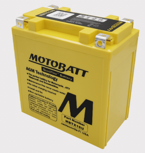 Motobatt MBTX16U yellow AGM motorcycle battery with handle and top terminals