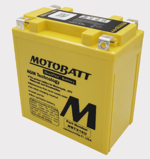 Motobatt MBTX16U yellow AGM motorcycle battery with handle and top terminals