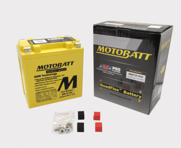 Motobatt MBTX16U yellow AGM battery with box and accessories