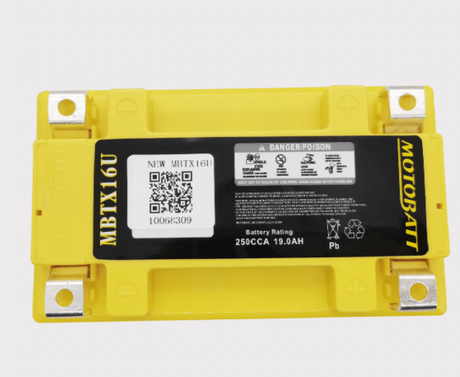 Motobatt MBTX16U battery in a yellow plastic case with silver terminal lugs