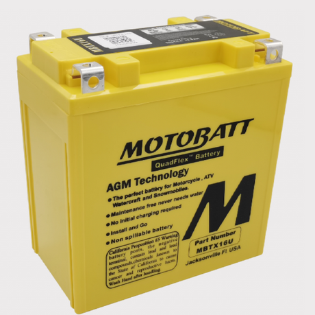 Motobatt MBTX16U yellow AGM motorcycle battery with M logo