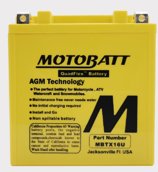 MBTX16U Motobatt battery, yellow AGM QuadFlex case, part MBTX16U; ideal for motorcycle, ATV, watercraft and snowmobiles