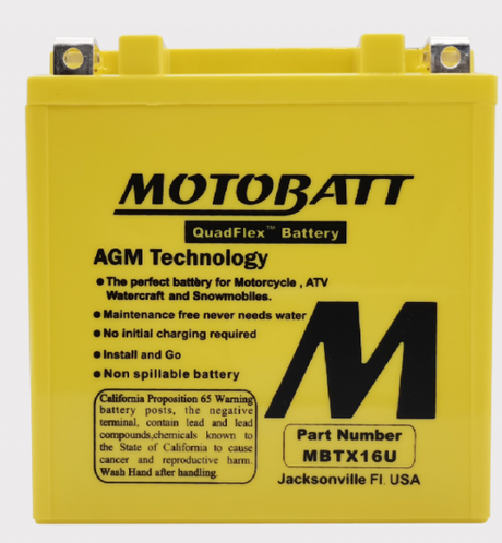 MBTX16U Motobatt battery, yellow AGM QuadFlex case, part MBTX16U; ideal for motorcycle, ATV, watercraft and snowmobiles