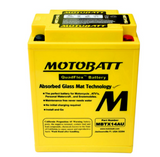Motobatt MBTX14AU battery, yellow QuadFlex AGM motorcycle battery with Motobatt branding