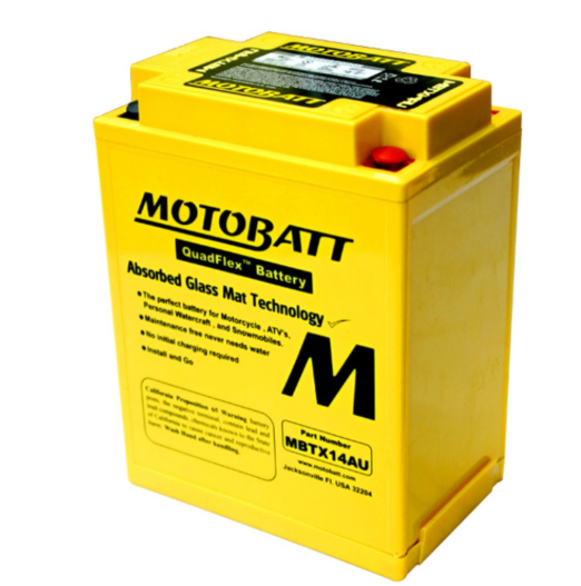 Motobatt MBTX14AU battery, yellow with black Motobatt logo and large M, ABS Glass Mat Technology.
