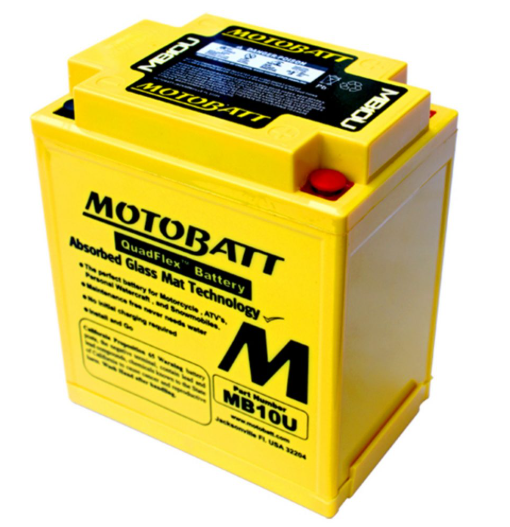 Motobatt MB10U AGM battery, yellow with red terminal.
