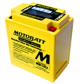 Motobatt MB10U AGM battery, yellow with red terminal.