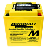 Motobatt MB10U battery, yellow with black Motobatt logo, QuadFlex Absorbed Glass Mat Technology