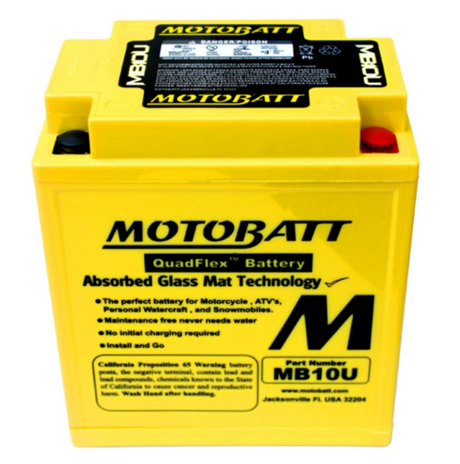 Motobatt MB10U battery, yellow with black Motobatt logo, QuadFlex Absorbed Glass Mat Technology