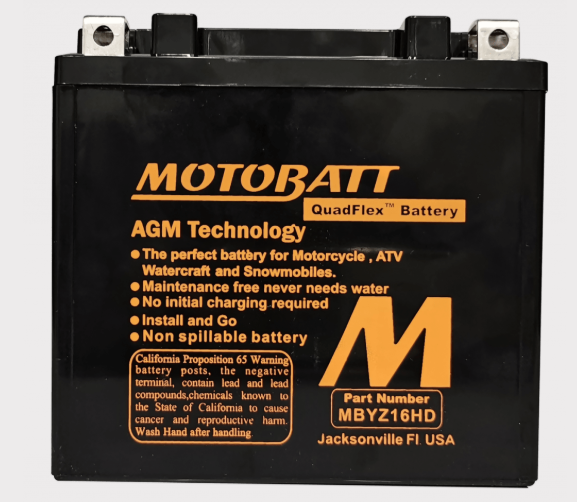 Motobatt MBYZ16HD AGM battery in black case with orange logo and QuadFlex label