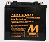 Motobatt MBYZ16HD AGM battery in black case with orange logo and QuadFlex label