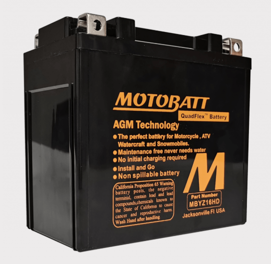 Motobatt MBYZ16HD black AGM motorcycle battery with orange label