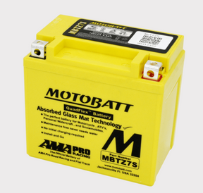 Motobatt MBTZ7S battery, yellow AGM motorcycle battery with Motobatt branding