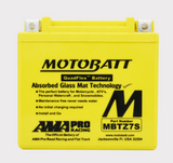 Motobatt MBTZ7S battery with yellow case, Motobatt logo and QuadFlex Absorbed Glass Mat label
