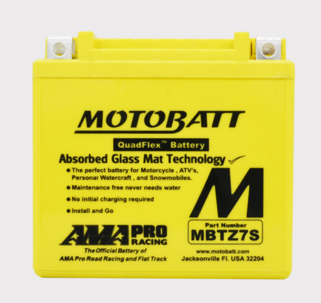 Motobatt MBTZ7S battery with yellow case, Motobatt logo and QuadFlex Absorbed Glass Mat label