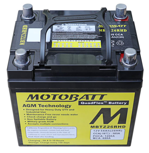Motobatt MBTZ26RHD battery by DGT Agri, black AGM quad-flex with yellow label